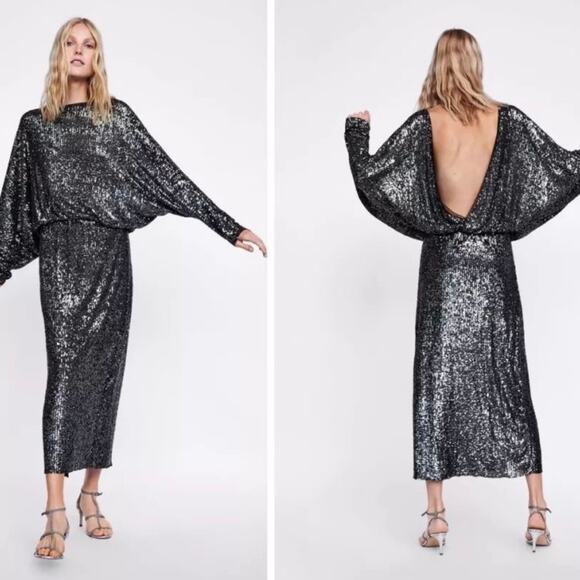 Zara NWT Black Long Sleeve Midi Dress - size Small - Picture 7 of 7